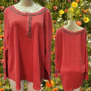 Woman Within +22/24 Autumn Blaze Button Neckline Waffle Knit Long Sleeve Top